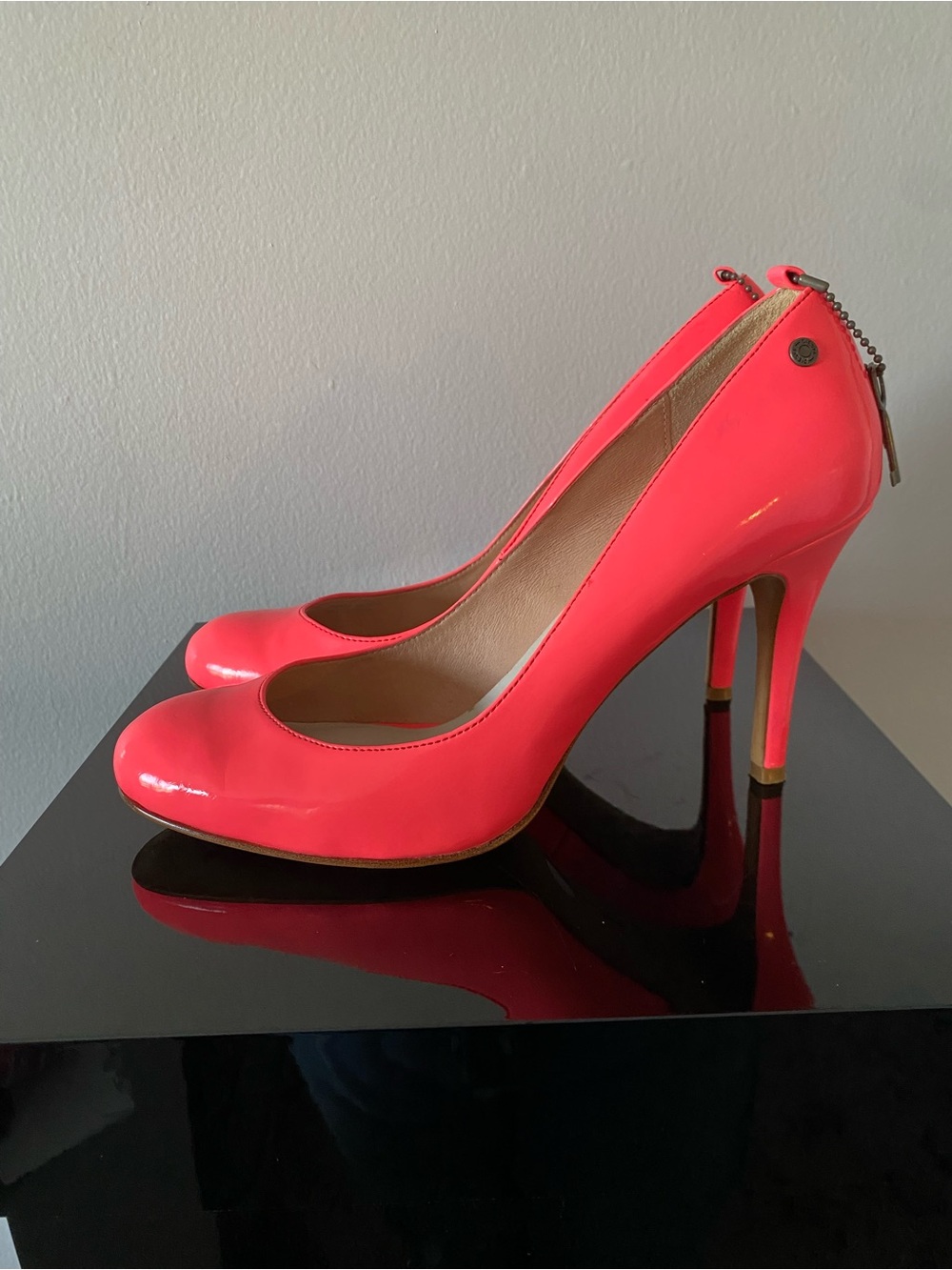 Diesel Neon Coral Patent Round-Toe High Heels 7.5